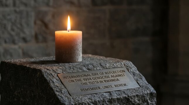 Single lit memorial candle on a carved stone plaque in dim setting.