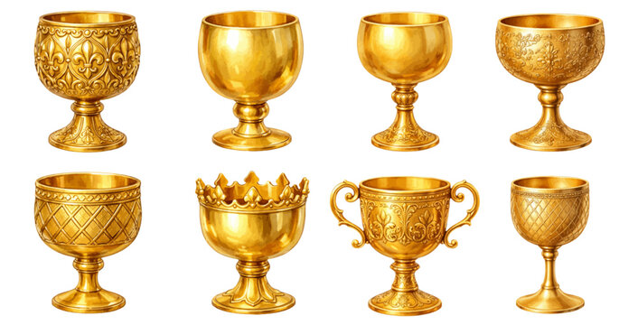 Watercolor gold royal chalice and medieval goblet collection illustration isolated on white background.
