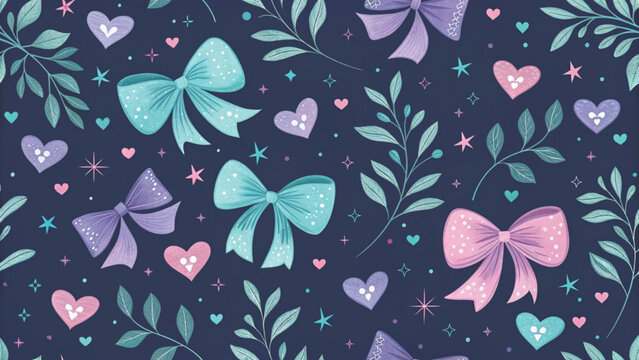 Cute pastel pattern with hand-painted style. Includes colorful hearts and ribbon bows background 