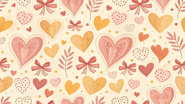 Cute pastel pattern with hand-painted style. Includes colorful hearts and ribbon bows background 