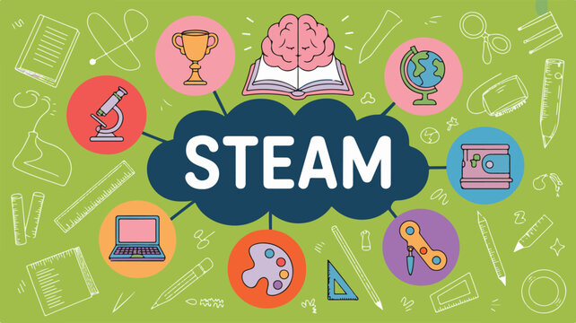 A decorative pattern design on a black background features STEAM education icons.