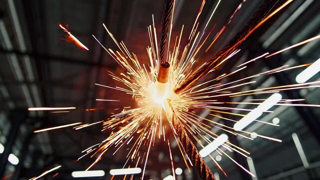 Electrical fire sparks. Workshop scene showcasing live cable welding and fiery sparks. Dynamic display of welding sparks illuminating workshop with molten metal fragments and vibrant lighting
