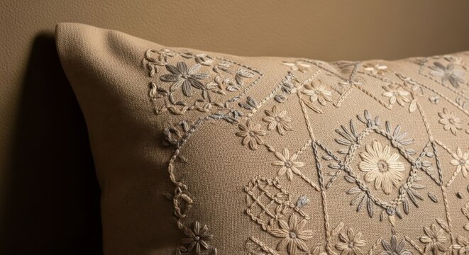 Close up of a finely hand-stitched decorative throw pillow with intricate floral embroidery and textured fabric