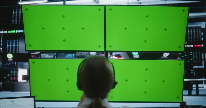 Professional Female Trader Working at Multi Monitor Setup With Green Screens in Stock Exchange. Custom Financial Software, Banking Apps, and Stock Market Analytics With Professional Human Touch.
