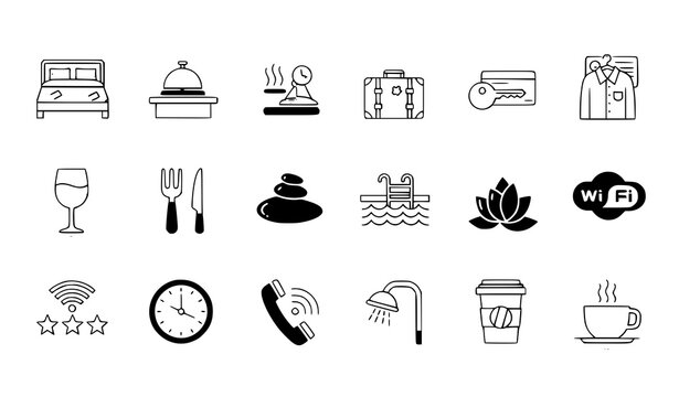 Hotel amenities and services icons