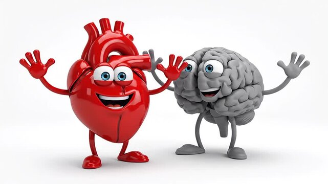 Red heart and grey brain characters talking and waving while standing together against a clean white background symbolizing logic and emotion