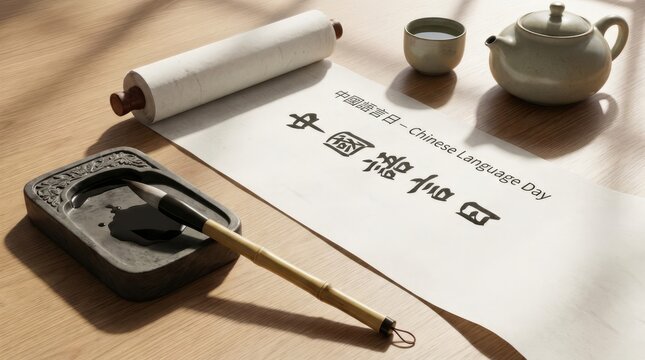 Traditional Chinese calligraphy set with brush, inkstone and practice paper.