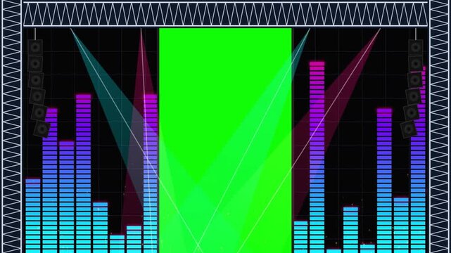 Animated Audio Equalizer Bars on Concert Stage with Green Screen Chroma Key Transition and Colorful Neon Lights
