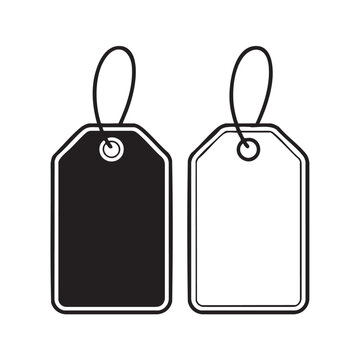 Two blank price tags are hanging side by side on strings