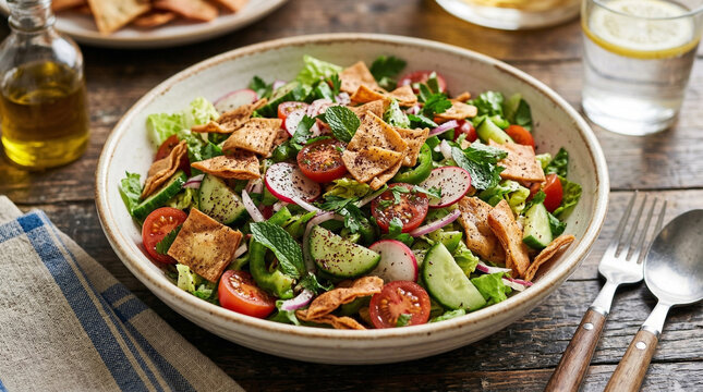 fattoush salad bowl with tomatoes cucumbers and crispy pita 