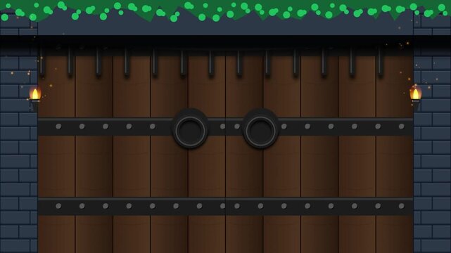 2D Animated Medieval Castle Gate with Portcullis Lifting and Wooden Doors Opening to Green Screen Background
