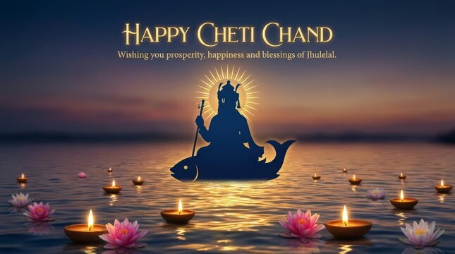 Cheti Chand festival scene with Jhulelal silhouette on a fish and floating diyas at sunset.