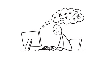 Stick Figure Man Dreaming Big Ideas At Computer For Creative Inspiration Concepts