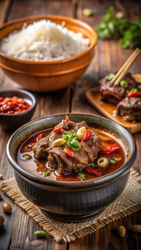A photo of steaming oxtail soup or buntut served with chili sauce and rice, flavorful broth bubbling gently in a ceramic bowl, garnished with crispy f