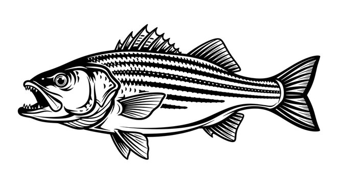Detailed black and white illustration of a striped bass fish isolated on a plain white background for design projects illustration