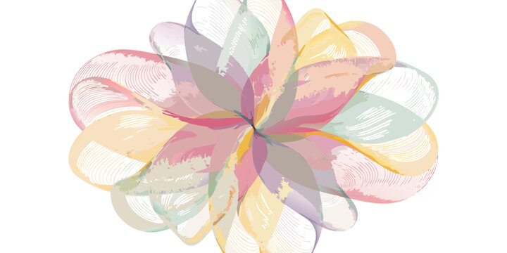 Translucent watercolor flower design displays overlapping soft pastel petals radiating gently from the center point upon a white background surface.