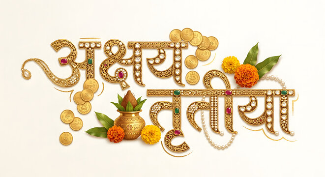 Akshaya Tritiya indian festival Traditional Design and Luxury Gold Decorative Hindi typo in illustration.