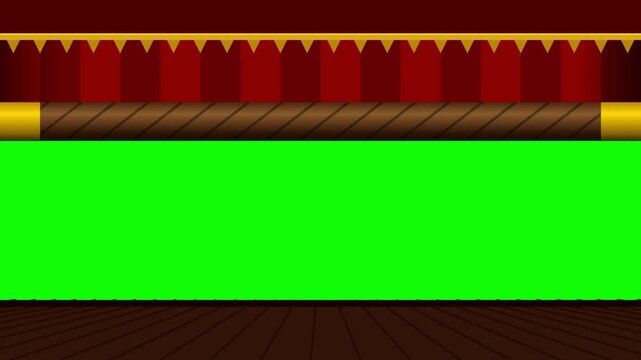Red Striped Circus Curtain Rising to Reveal Green Screen Chroma Key Background on Stage Animation