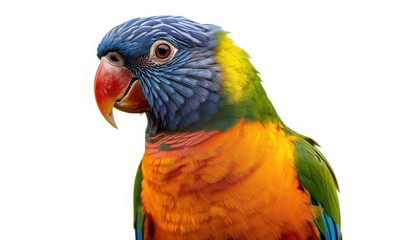Fototapeta premium Vibrant parrot with blue head and orange chest isolated on white background