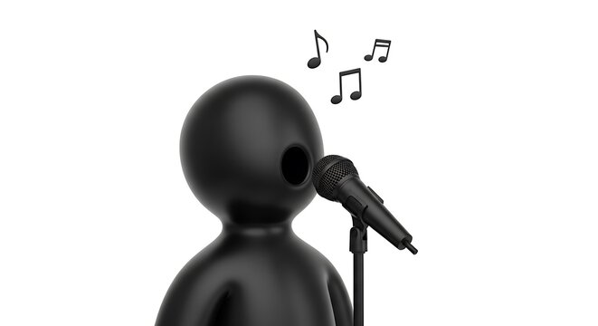 Black 3 d humanoid figure singing into microphone with music notes