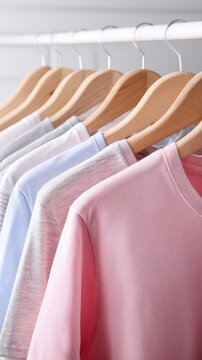 Assortment of Soft Pastel Colored Casual T Shirts Hanging on Wooden Clothes Hangers in a Closet with Gentle Natural Light