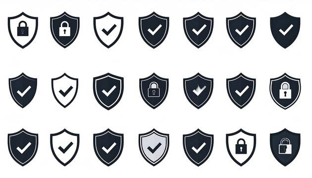 Collection of stylized shields with locks and check marks, set against a white backdrop
