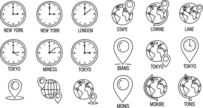 World Time Zones and Location Doodle Icons Set with City Clocks and Map Pins Illustrations