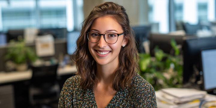 headshot of a smiling young female named Aria as a technology office manager in her mid 20s