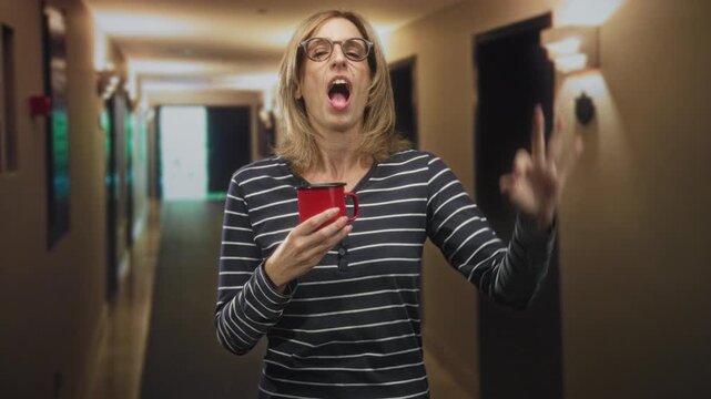 Woman holding red mug with right hand and making ok sign with left hand in building hallway; cozy contentment.