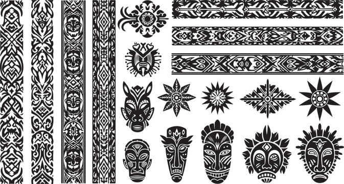 Tribal mask vector set, ethnic borders, tiki ornaments