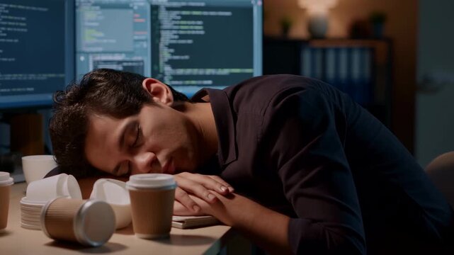Night Owl Coding Session Underway. Overworked Coder Resting Amid Glowing Screens And Spilled Coffee