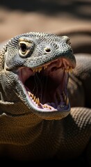 Fototapeta premium Komodo dragon snarling with open jaws in natural habitat