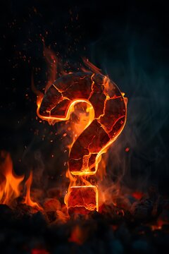 Glowing burning question mark symbol in dark dramatic background.