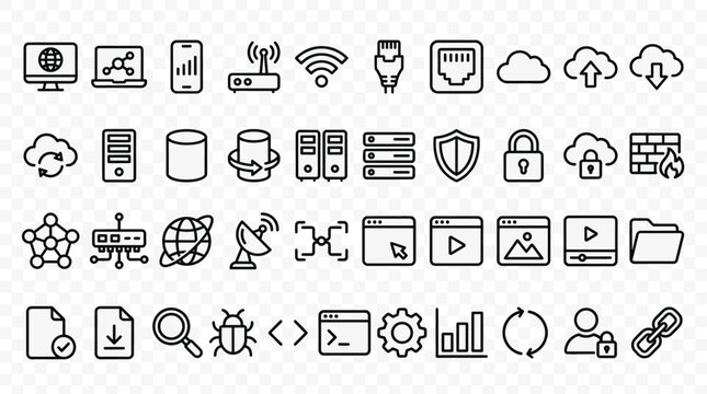 Set of 48 Black Outline Network and Cloud Computing Icons Vector