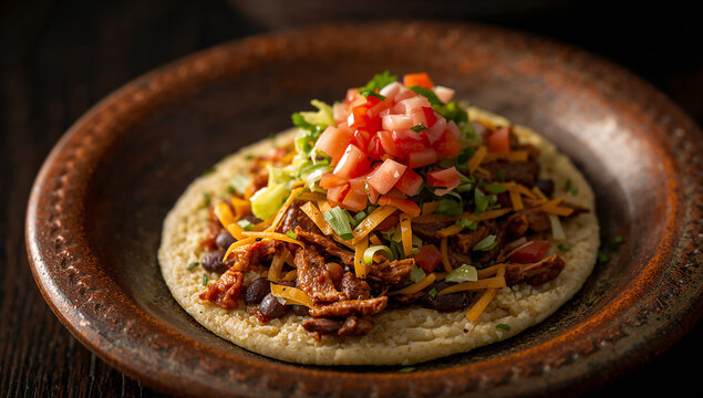 Mexican sopes topped with shredded meat, beans, cheese, and pico de gallo on ceramic plate, mexican food