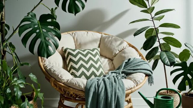 Comfortable rattan papasan chair with green pillow and blue blanket