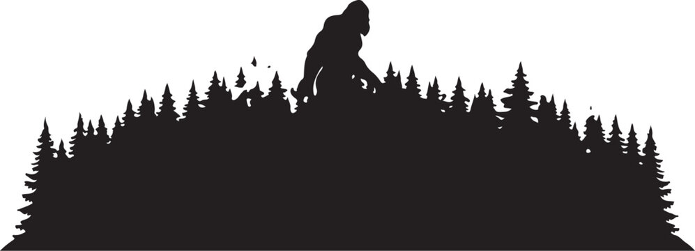 Bigfoot silhouette, forest sasquatch vector, pine trees