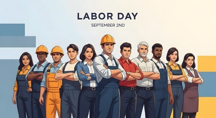 Fototapeta premium Diverse group of proud professionals from various occupations standing together to celebrate labor day on september 2nd against a clean background