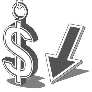 A grayscale illustration of a dollar sign with a downward arrow indicating a decrease in value or cost