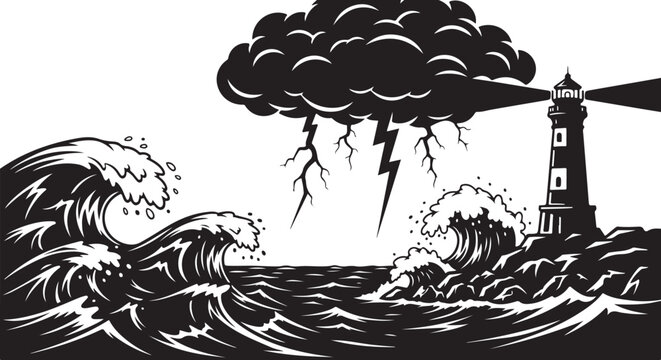 Vintage lighthouse storm, ocean waves, lightning vector