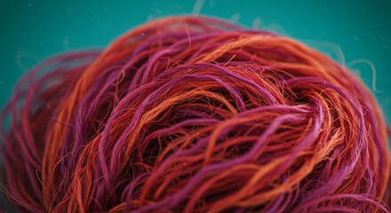 Vibrant ball of pink and orange yarn on teal background colorful threads tangled together in a creative craft supply