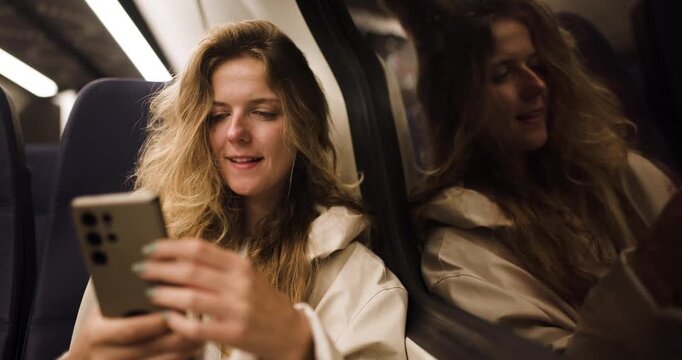 Girl taking selfies by train window during a journey through beautiful scenery in the Netherlands, capturing cheerful moments on a sunny day