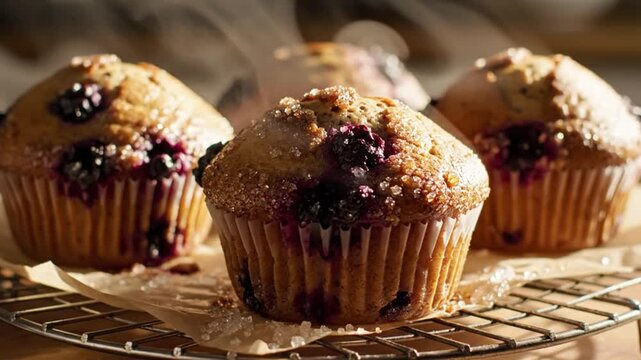 Delicious homemade blueberry muffins steaming on a wire rack ready to be enjoyed as a sweet treat
