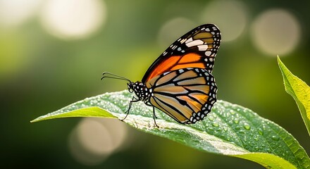 Fototapeta premium Monarch butterfly resting on green leaf in natural sunlight outdoor close-up