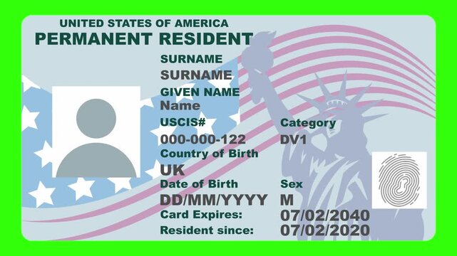 USA Permanent Resident Green Card Animation on Green screen background
