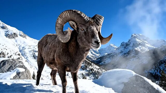 Majestic bighorn ram stands in snowy mountains with beautiful scenic landscape on clear sunny day
