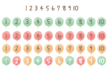 水彩のぬくもりシリーズ 幼稚園・保育園向け 風船の数字アイコン 3色セット 1-10 © momonga