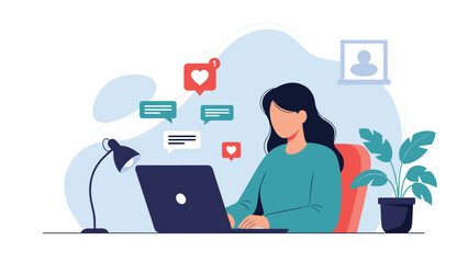 Fototapeta premium Young woman sitting at her desk using a laptop with multiple social media notification bubbles for hearts, messages, and chats.