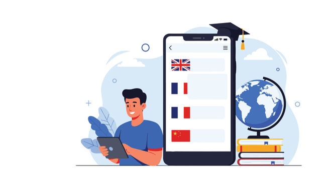 Young man using his digital tablet to learn different languages on a mobile application with various national flags and icons.