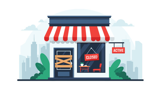 Small retail shop with a red striped awning showing a closed sign and boarded-up doors in a city skyline background.